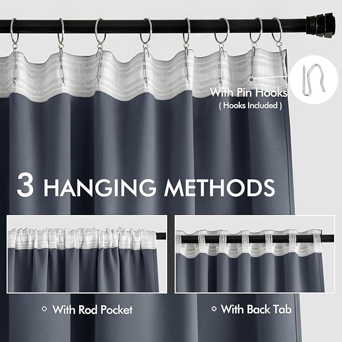 MIULEE Stone Blue Back Tab Blackout Curtains 108 Inch Long 2 Panels Set for Bedroom, Rod Pocket/Pinch Pleat Extra Long Thermal Insulated Living Room Darkening Pleated Light Blocking Drapes
