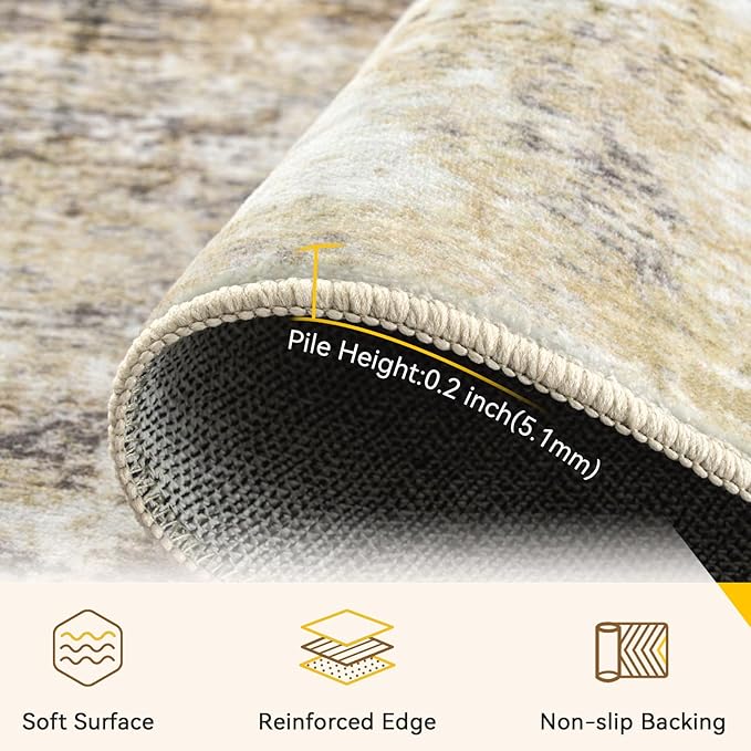 Washable Area Rugs 7'x9' Non-Slip Modern Abstract Soft for Living Room Entryway Bedroom Nursery, Print Pattern, Neutral Brown Gray