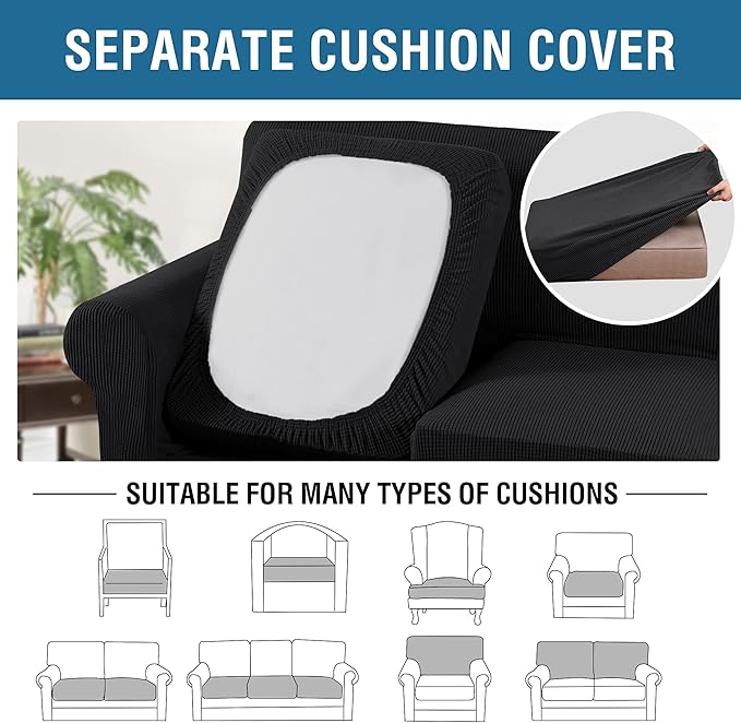 H.VERSAILTEX 3 Piece Stretch Sofa Covers for 2 Cushion Loveseat Couch Covers for Living Room Furniture Cover (Base Cover Plus 2 Seat Cushion Covers) Thicker Jacquard Fabric(Medium Sofa, Black)
