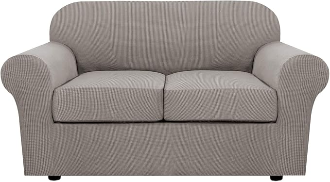 H.VERSAILTEX 3 Piece Stretch Sofa Covers for 2 Cushion Loveseat Couch - Thicker Jacquard Fabric (Medium Sofa, Taupe)