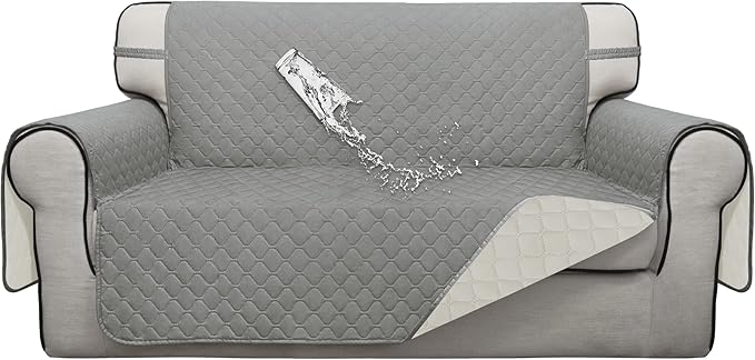 ISSUNTEX Double Protection 100% Waterproof Loveseat Sofa Covers for Living Room, Couch Covers for 2 Cushion Couch Sofa, Reversible Furniture Protector Sofa Cover for Dogs (Loveseat, Light Gray/Ivory)
