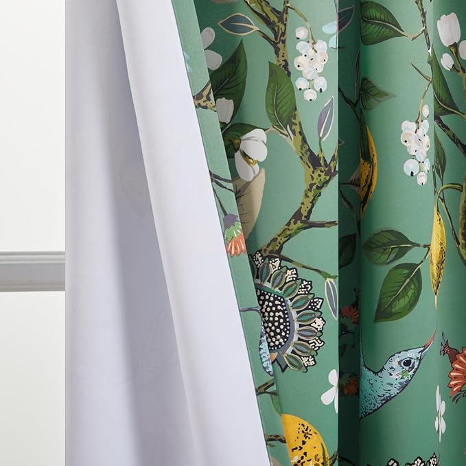 Topfinel 105 Inches Long Sage Green Luxury Curtains for Living Room Bedroom, Blackout Vintage Art Deco Victorian Curtains Floral Lemon Hummingbird Printed Grommet Drape 105 Inch Length