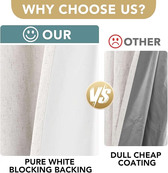 H.VERSAILTEX Primitive Linen Curtains 100% Blackout Curtain Drapes Burlap Fabric Curtains with White Thermal Insulated Liner, Grommet Top Drapes Living Room/Bedroom (2 Panels, 52 x 54 Inch, Ivory)