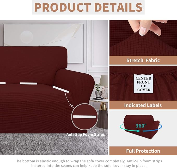 Easy-Going 100% Waterproof Loveseat Couch Cover, Dual Waterproof Sofa Cover, Stretch Jacquard Sofa Slipcover, Leakproof Furniture Protector for Kids, Pets, Dog and Cat (Loveseat, Wine)