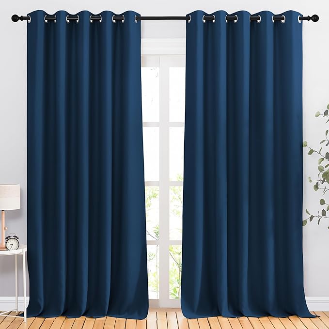 NICETOWN Moroccan Blue Blackout Living Room Curtains 110 inches Long, Grommet Thermal Window Treatments Room Divider Blinds Sound Reducing for Living Room, W66 x L110, 2 Pieces