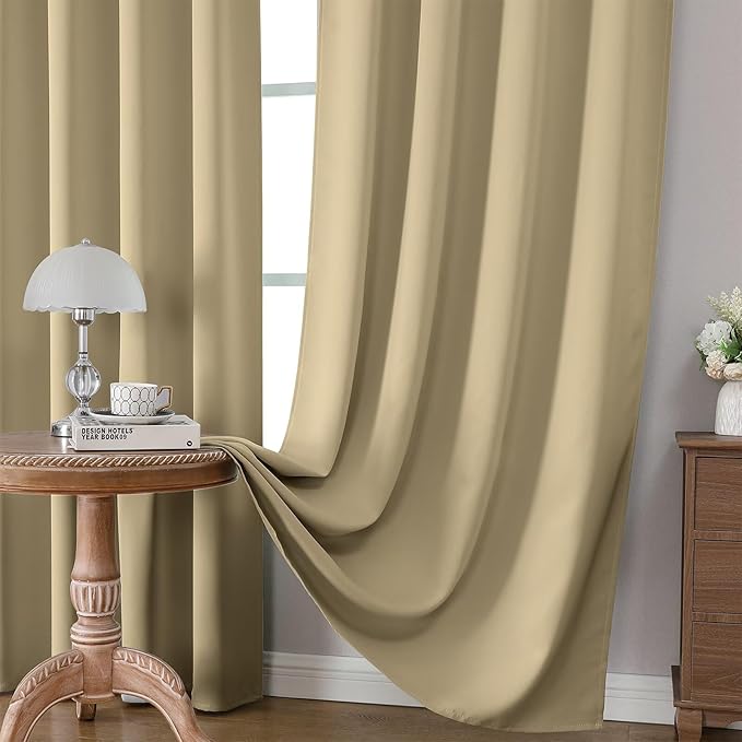 CUCRAF Beige Blackout Curtains 72 inch Length 2 Panels Set, Rod Pocket Room Darkening Drapes for Bedroom Living Room, Insulated Thermal Light Blocking Window Curtain (W52 x L72 Inch)