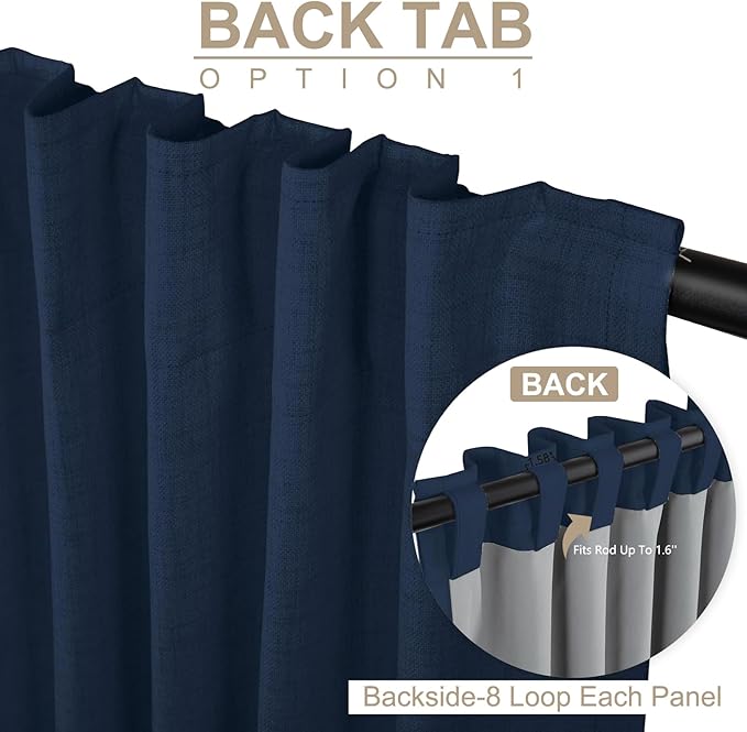 100% Blackout Shield Linen Blackout Curtains for Bedroom 90 Inches Long, Back Tab/Rod Pocket Living Room Drapes, Thermal Insulated Blackout Curtains 2 Panels Set, 50" W x 90" L, Midnight Blue