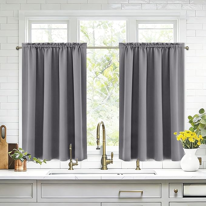 DWCN Blackout Curtains for Living Room Thermal Insulated, Energy Saving & Noise Reducing Bedroom Curtains, Grey, W 52x L 36 Inch, Set of 2 Rod Pocket Curtain Panels