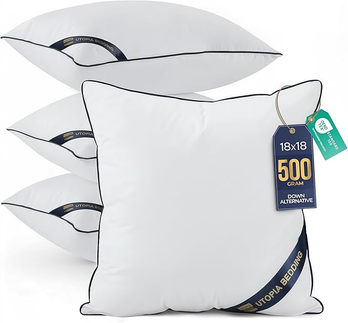 Utopia Bedding Throw Pillow Inserts (Pack of 4, White), 18 x 18 Inches Decorative Indoor Pillows for Sofa, Bed, Couch, Cushion Sham Stuffer