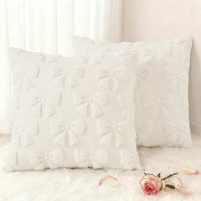 decorUhome Cream White Bow Pillow Covers Set of 2 Coquette Aesthetic Cute Preppy Plush Faux Pillowcases for Girly Bedroom or Couch 16x16 Inch