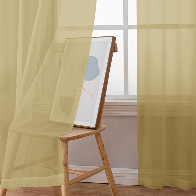 Simplebrand Gold Sheer Curtains 96 Inches Long 2 Panels, Light Filtering Rod Pocket Solid Color Window Sheer Curtain Panels, Elegant Curtains & Drapes for Living Room, Bedroom, 42" W x 96" L