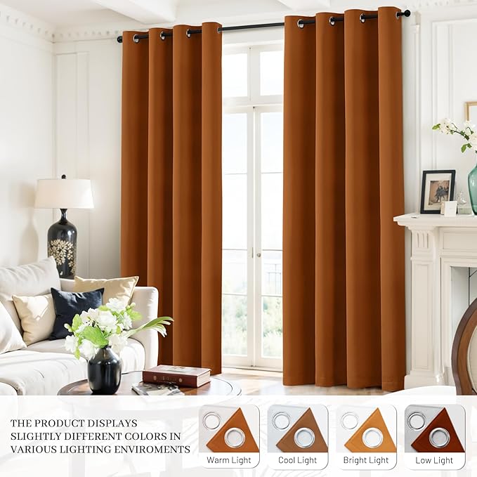 Yakamok Room Darkening 100% Blackout Curtains Grommet Window Treatments with 2 Thick Layers-Burnt Orange Thermal Insulated Drapes Set of 2 Panels for Bedroom Living Room 52 Inches by 72 Inches Length