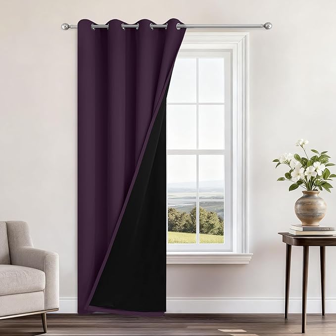 Yakamok 100% Blackout Curtains 96 Inches Long, 2 Thick Layers Heat and Full Light Blocking Soft Thermal Insulated Drapes for Bedroom(52" Wide Each Panel, Purple, 1 Panel)