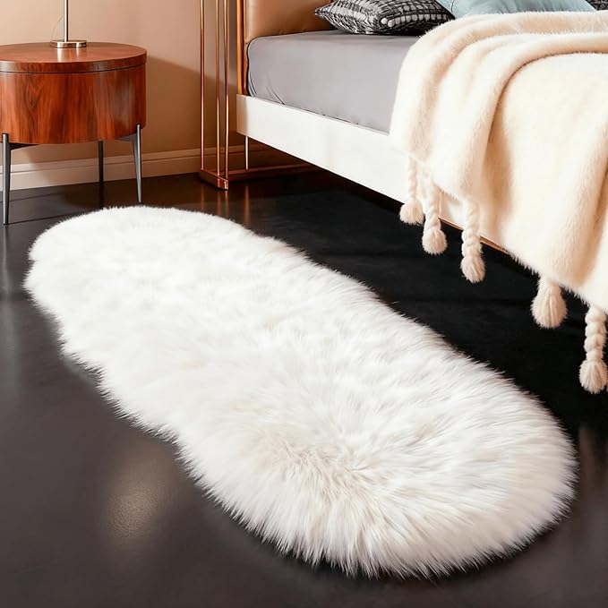 linmopm Faux Fur Rug Sheepskin Shag Fluffy Fuzzy White 2x6 ft Runner Rugs for Bedroom Bedside Bed Floor Living Room Plush High-Density Cushion Carpet Super Sofa Cover