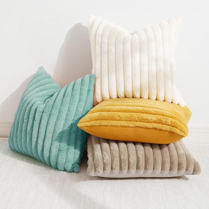 decorUhome Summer Cozy Faux Fur Throw Pillow Covers 26x26 Set of 2 Decorative Soft Plush Striped Modern Farmhouse Boho Couch Euro Sham Pillow Cases with Velvet Back for Sofa Bed Living Room, Aqua