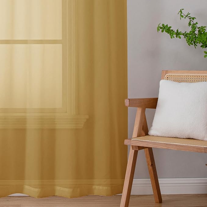 Chyhomenyc Gold Sheer Curtains 84 inches Long 2 Panels Set - Light Filtering Curtains for Living Room, Soft Gentle Voile Rod Pocket Bedroom Window Drapes, 42Wx84L Inch, 2PCS