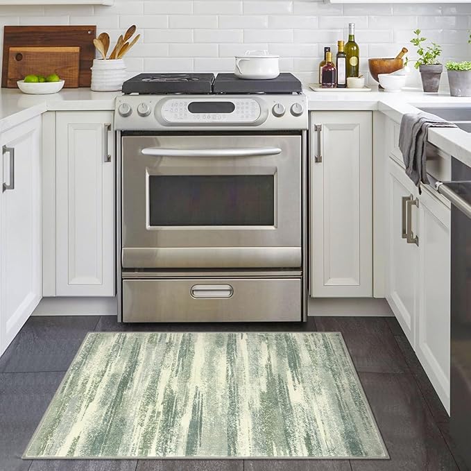 Lansny Modern Abstract Entryway Rug Indoor 2x3 Washable Rug Non-Slip Soft Small Area Rug Sage Green Grey Kitchen Mats Thin Print Faux Wool Floor Carpet Throw Rugs for Entrance Bedroom