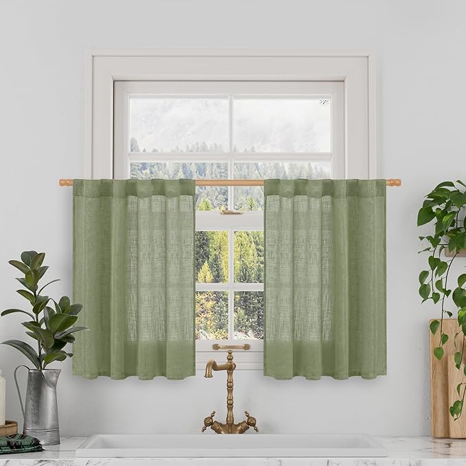 LAMIT Short Window Linen Curtains 36 Inch Length 2 Panels, Sage Green Light Filtering Panels Back Tab and Rod Pocket Neutral Drapes for Bathroom/Loft Room, 34 x 36 Inch