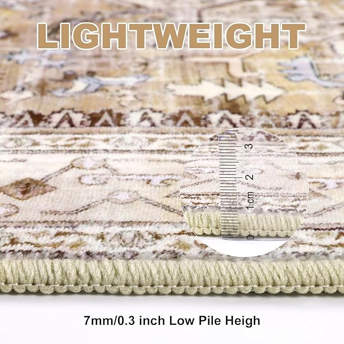 Yamaziot Washable Runner Rug, 2x6 Non-Slip Boho Vintage Hallway Rug Runner with Rubber Backing, Stain Resistant Faux Wool Distressed Carpet Runner for Kitchen, Laundry, Entrance, Beige Brown