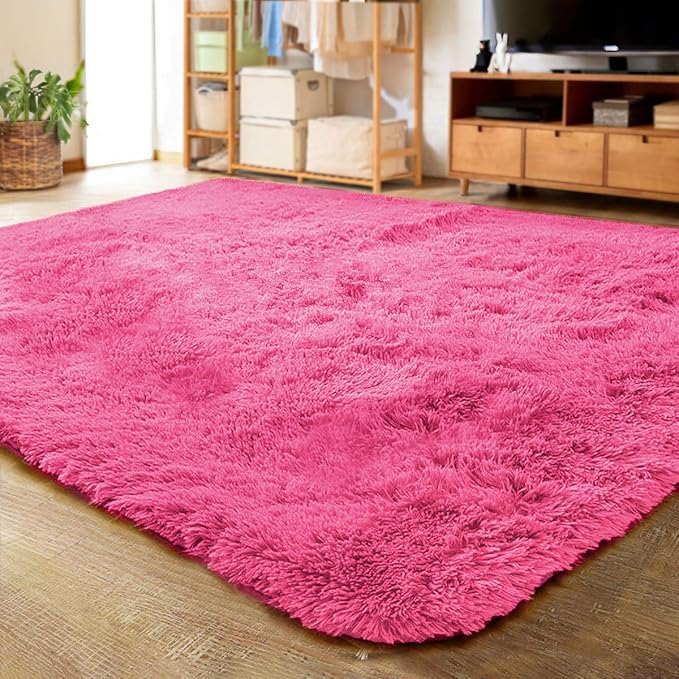 LOCHAS Ultra Soft Indoor Modern Area Rugs Fluffy Living Room Carpets for Children Bedroom Home Decor Nursery Rug 4x5.3 Feet,Hot Pink