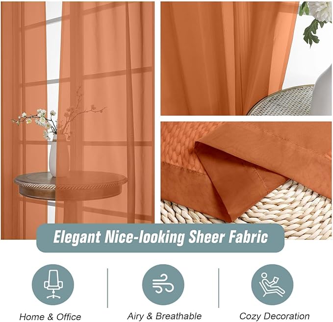 Orange Sheer Curtains 90 Inches Long 2 Panels, Light Filtering Solid Sheer Curtains for Bedroom Living Room, Lightweight Soft Airy Window Voile Sheer Drapes, Dual Rod Pocket, 2x42Wx90L Inches