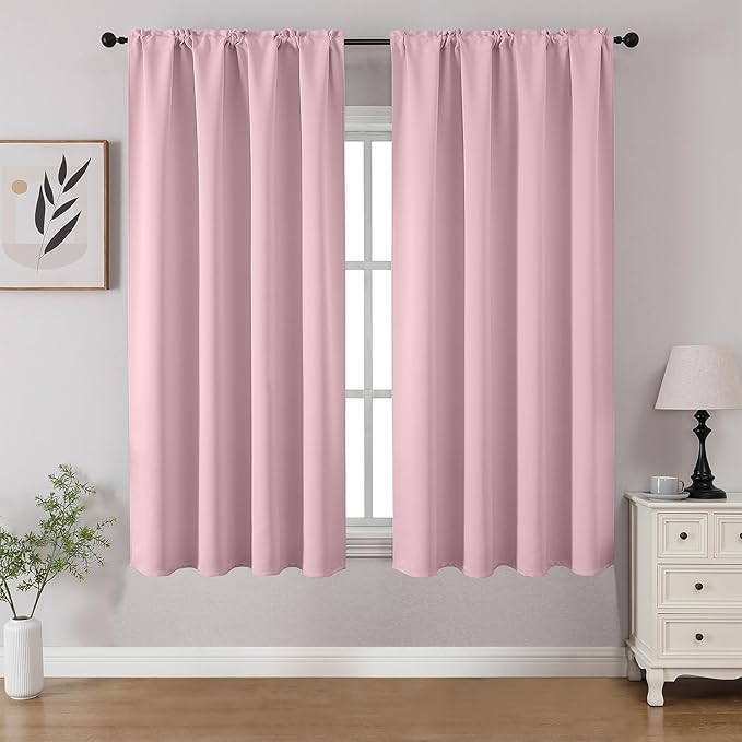 CUCRAF Light Pink Blackout Curtains 45 inch Length 2 Panels Set, Rod Pocket Room Darkening Drapes for Bedroom Living Room, Insulated Thermal Light Blocking Window Curtain (W52 x L45 Inch)