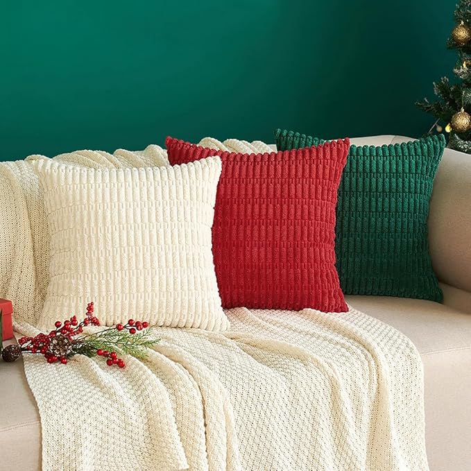 MIULEE Pack of 2 Corduroy Decorative Throw Pillow Covers 18x18 Inch Soft Boho Striped Pillow Covers Modern Farmhouse Home Decor for Sofa Living Room Couch Bed Cream White