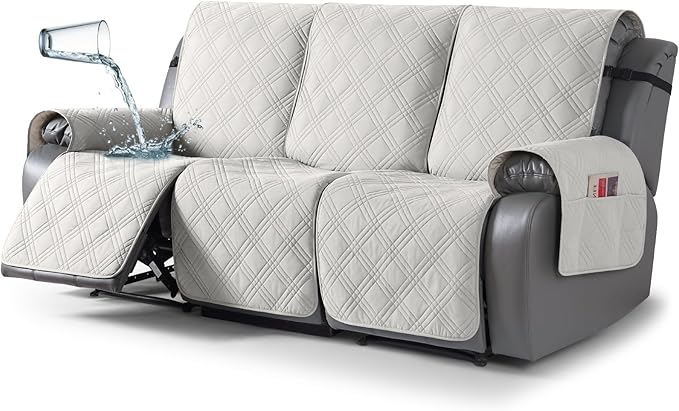 TAOCOCO 100% Waterproof Recliner Sofa Cover, Non Slip Split Couch Covers for Reclining Couches with Elastic Straps, Washable Reclining Sofa Cover Furniture Protector for Kids Pets(3 Seater, Off White)