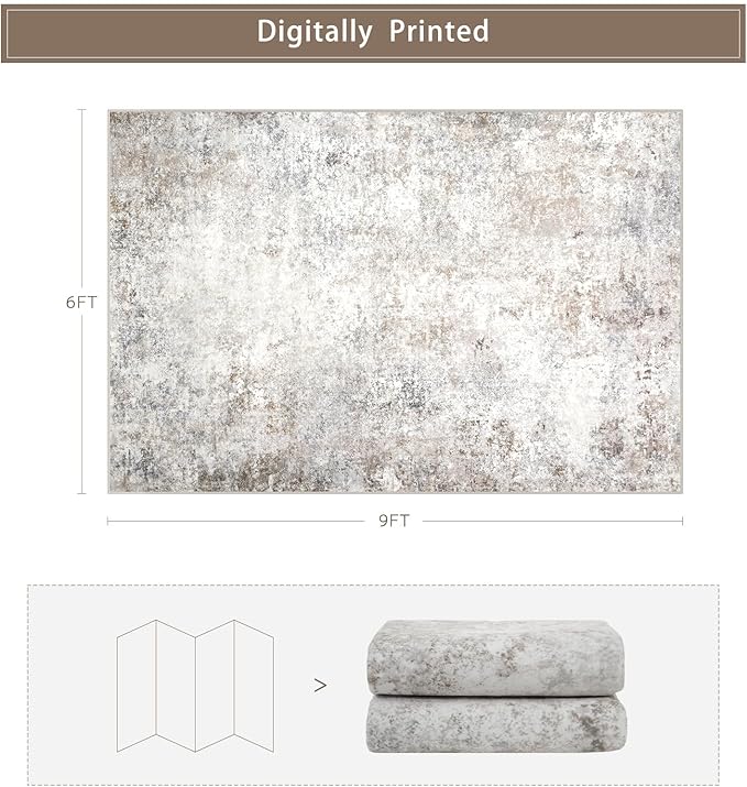 Washable Rugs 6x9 Area Rugs for Living Room,Modern Abstract Rugs for Bedroom,Large Carpets,Ultra Soft Faux Wool Retro Dining Room Rug,Non Slip&Non-Shedding Low Pile Print Rug- Beige Grey
