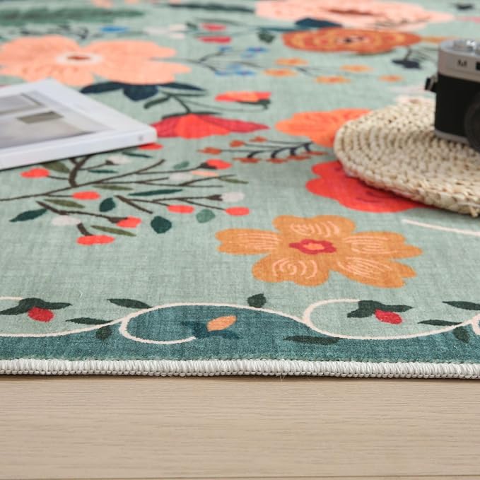 Rugcomf Washable Kitchen Runner 2'7"x12' - Floral Long Hallway Runner Rug Non Slip, Boho Carpet for Entryway, Hall, Bathroom - Green