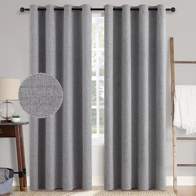 MIULEE Linen Textured 90 Inches Curtains for Bedroom 100% Blackout Thermal Insulated Grey Curtains Grommet Room Darkening Luxury Decor for Living Room Nursery 52 x 90 Inch (2 Panels)