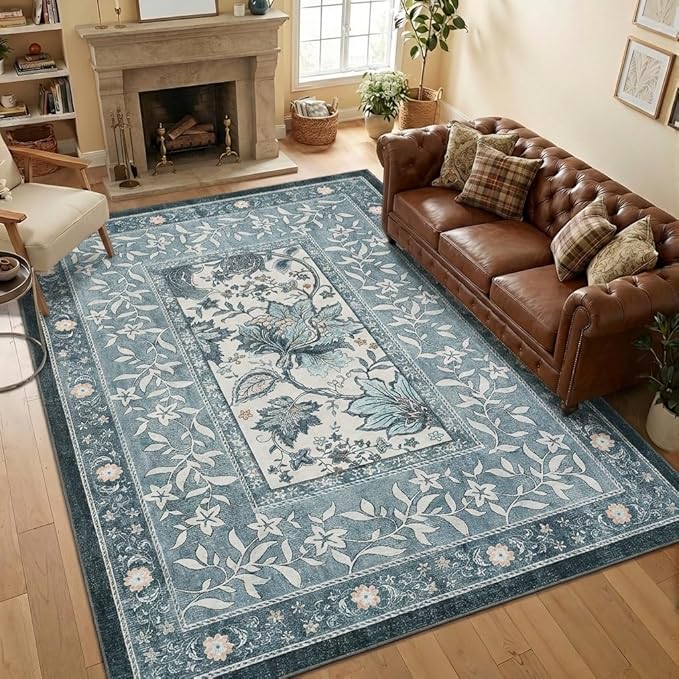 GarveeHome Provence 5x7 Area Rugs, Botanical Grove Vintage Cottagecore Non-Slip Washable Rug for Bedroom Living Room Nursery Kitchen Low-Pile Carpet Retro Blue