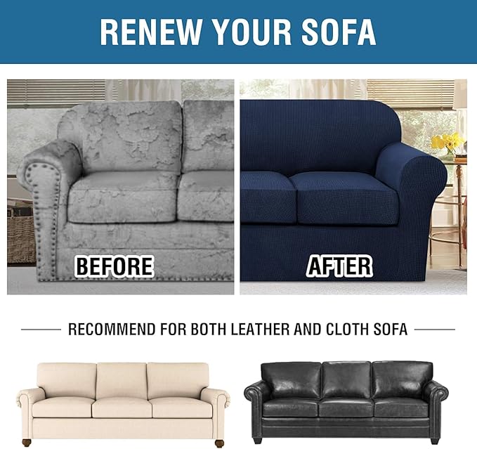 H.VERSAILTEX 4 Piece Stretch Sofa Covers for 3 Cushion Couch Covers for Living Room Furniture Slipcovers (Base Cover Plus 3 Seat Cushion Covers) Thicker Jacquard Fabric (Large Sofa, Navy)
