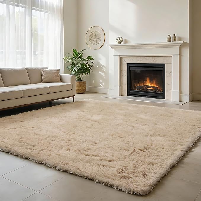 9x12 Fluffy Area Rugs for Living Room,Large Fuzzy Shag Area Rug for Bedroom,Beige Soft Non-Shedding Indoor Plush Carpet for Kids Bedroom Nursery Home Decor