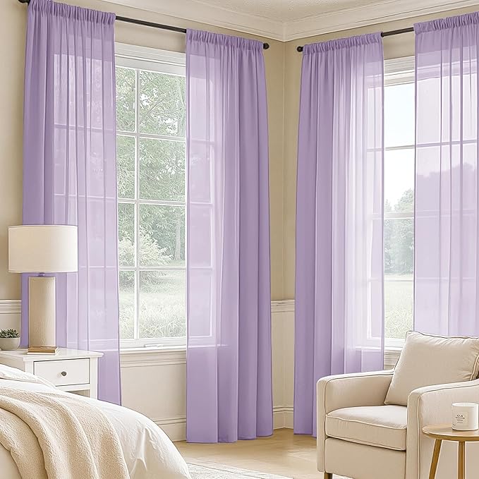 MIULEE Light Purple Sheer Curtains 96 Inches Long, 4 Panels Set, Lavender Light Filtering Rod Pocket Voile Drapes for Living Room and Bedroom, Airy Soft Fabric Window Treatments, 42 x 96 Inches