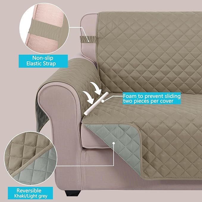 U-NICE HOME Recliner Chair Covers Reversible Quilted Water Repellent Pet Protectors with Elastic Straps (23''Recliner Small, Khaki/Light Grey)