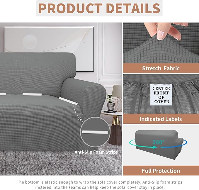 Easy-Going 100% Waterproof Couch Cover, Dual Waterproof Sofa Cover, Stretch Jacquard Sofa Slipcover, Leakproof Furniture Protector for Kids, Pets, Dog and Cat (Sofa, Grey)