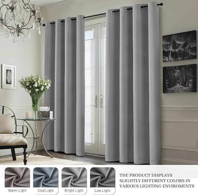 Yakamok 100% Blackout Curtain Panels 84 inches Cold and Light Blocking Drapes for Nursery, 2 Thick Layers Thermal Insulated Draperies (2 Pieces, 50 Wide Each Panel, Dove Grey/White Backing)