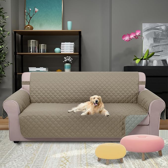 U-NICE HOME Reversible Sofa Cover Couch Cover for Dogs with Elastic Straps Water Resistant Furniture Protector for Pets Couch Cover for 3 Cushion Couch (Sofa, Khaki/Light Grey)
