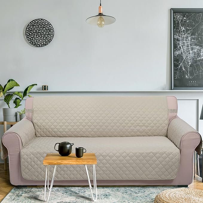 U-NICE HOME 4 Seater Sofa Cover 91 Inch Large Couch Covers for 4 Cushion Couch with Elastic Straps Water Resistant Furniture Protector Cover for Pets Cat (Sofa XX-Large, Beige/Beige)