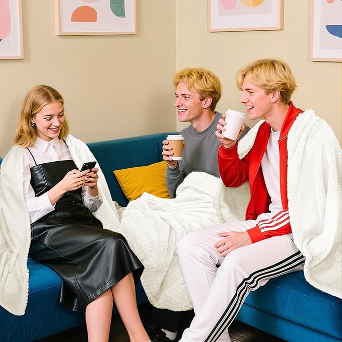 4 Pack Fleece Throw Blankets 50x60 Inches - Oeko-Tex Certified 100, 270 GSM Ultra Soft Plush for Bed, Couch and Cozy Gifts. 3D Waffle Texture, No Shedding No Pilling All Season (Cream)