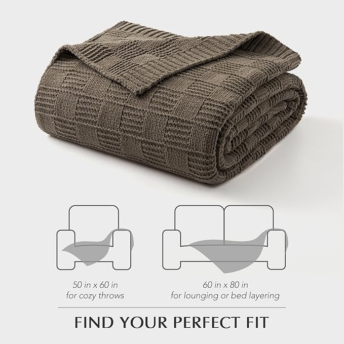 EVERGRACEHOME Modern Checkered Chenille Throw Blanket, Soft Cozy Plaid Knitted Chair Blanket for Sofa Couch, Decorative Knit Throw for Bed and Living Room, Mocha Brown, 50" x 60"