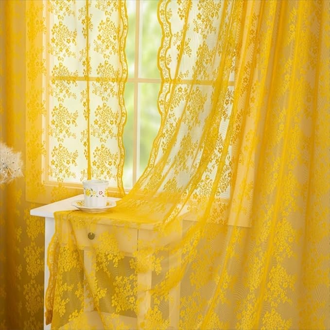 YJ YANJUN Vintage Lace Curtains Boho Sheer Kitchen Curtain Panels 45 inch Length for Window Over Sink Spring Floral Pattern Design Small Short Drapes for Bathroom 2 Panels 52W x 45L