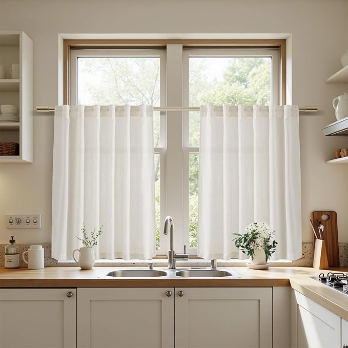 Nanspring Short Linen Kitchen Window Curtains 36 Inch Length, Over Sink Modern Neutral Cream Semi Sheer Back Tab and Rod Pocket Drapes for Basement Bathroom Curtains, 2 Panels, 34 x 36 Inch