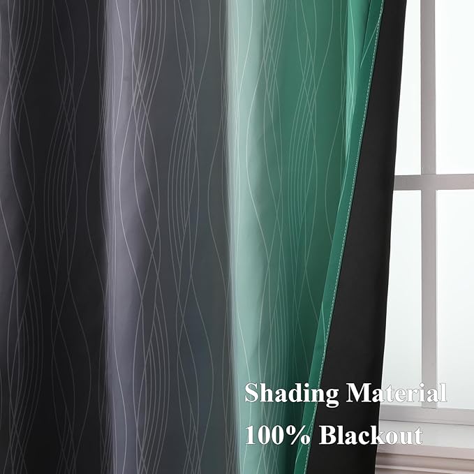 Estelar Textiler Black and Green Ombre Blackout Curtains for Bedroom 102 Inch Long, Thermal Insulated Grommet Complete Room Darkening Gradient Drapes for Living Room, 52Wx102L,2 Panels