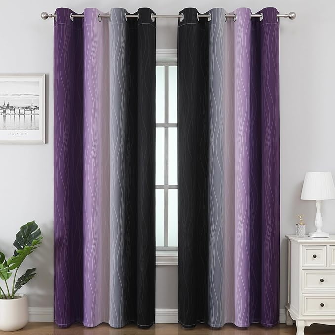 Estelar Textiler Black and Purple Ombre Blackout Curtains 90 Inches Long 2 Panels Set, Thermal Insulated Gradient Drapes for Bedroom, Energy Saving Grommet Curtains for Living Room,52Wx90L