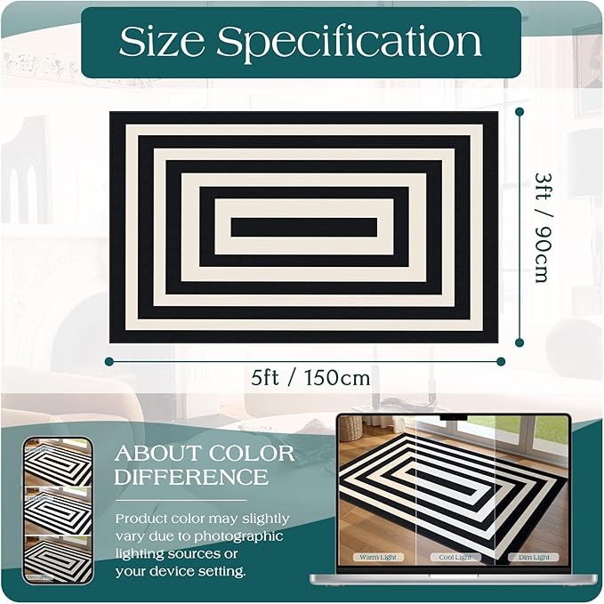 3x5 Modern Entry Rug - Small Washable Indoor Outdoor Mats for Front Door Non-Slip Porch Rug Black White Geometric Striped Throw Rugs for Living Room Bedroom Entryway Kitchen Office Porch Decor