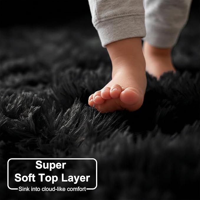 Black Small Round Rug 3Ft for Bedroom, Fluffy Circle Area Rugs for Living Room Decor Aesthetic, Shaggy Furry Circular Floor Carpet for Office Playroom Nursery Classroom, Modern Baby Kid Teen Boy Rug