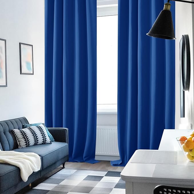 Deconovo Rod Pocket and Back Tab Blackout Curtains for Bedroom Solid Room Darkening Curtains 42Wx63L Inch Royal Blue 2 Panels