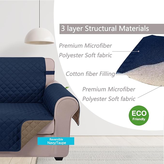 U-NICE HOME 4 Seater Sofa Cover 91 Inch Large Couch Covers for 4 Cushion Couch with Elastic Straps Water Resistant Furniture Protector Cover for Pets Cat (Sofa XX-Large, Navy/Taupe)